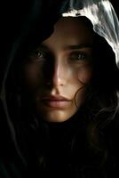 a woman in a hooded robe with dark hair generative ai photo