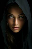 a woman in a hooded robe with green eyes generative ai photo