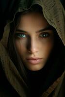 a woman in a hooded robe with blue eyes generative ai photo
