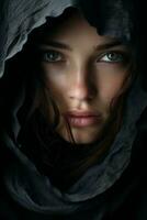 a woman in a hooded robe with green eyes generative ai photo