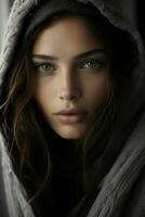 a woman in a hoodie is looking into the camera generative ai photo
