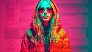a woman in a hoodie and glasses standing in front of a colorful background generative ai photo