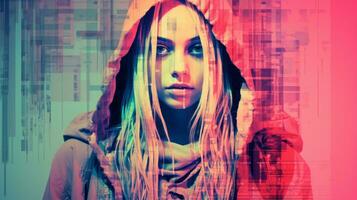a woman in a hoodie is standing in front of a colorful background generative ai photo