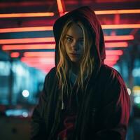 a woman in a hoodie standing in front of neon lights generative ai photo