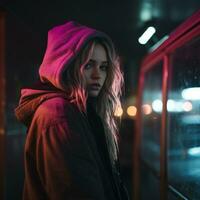 a woman in a hoodie standing in front of a bus at night generative ai photo