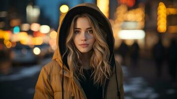 un mujer en un capucha en pie en el medio de un ciudad a noche generativo ai foto