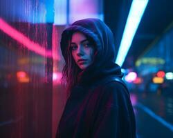 a woman in a hoodie standing in front of neon lights generative ai photo