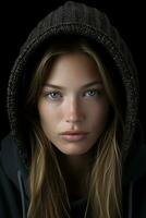 a woman in a hoodie with blue eyes generative ai photo