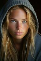 a woman in a hoodie with blue eyes generative ai photo