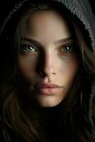 a woman in a hoodie with green eyes generative ai photo