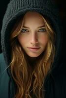 a woman in a hoodie with blue eyes generative ai photo