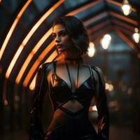 a woman in a leather dress standing in a dark tunnel generative ai photo