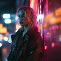 a woman in a leather jacket standing in front of a neon sign at night generative ai photo