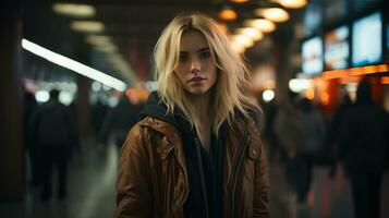 a woman in a leather jacket standing in an airport generative ai photo