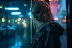 a woman in a leather jacket standing in front of a window at night generative ai photo