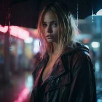 a woman in a leather jacket standing in the rain with an umbrella generative ai photo