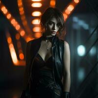 a woman in a leather outfit standing in a dark tunnel generative ai photo