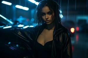 a woman in a leather jacket standing next to a car in the rain generative ai photo