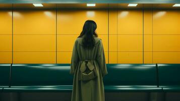 a woman in a long dress stands alone in an empty subway station generative ai photo