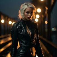 a woman in a leather outfit standing on a bridge at night generative ai photo