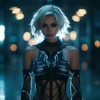 a woman in a neon outfit standing in a dark room generative ai photo