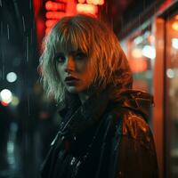 a woman in a raincoat standing in front of a neon sign generative ai photo
