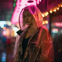 a woman in a raincoat standing in front of neon lights generative ai photo