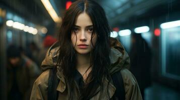 a woman in a rain jacket standing in a subway station generative ai photo