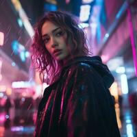 a woman in a raincoat standing in the rain at night generative ai photo