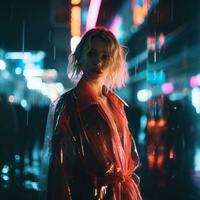 a woman in a raincoat standing in the middle of a city at night generative ai photo