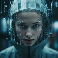 a woman in a raincoat with water droplets on her face generative ai photo
