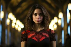 a woman in a red and black dress standing in a dark hallway generative ai photo