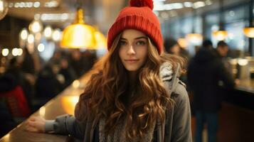 un mujer en un rojo gorro en pie en frente de un bar generativo ai foto