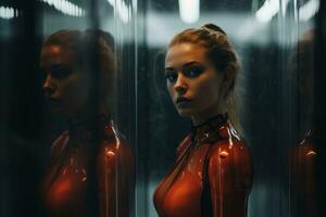 a woman in a red bodysuit standing in front of a mirror generative ai photo