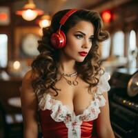 a woman in a red dress and red headphones generative ai photo