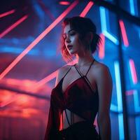 a woman in a red dress standing in front of neon lights generative ai photo