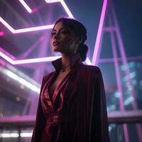 a woman in a red dress standing in front of neon lights generative ai photo