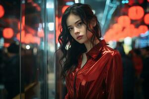 a woman in a red dress standing in front of a glass wall generative ai photo