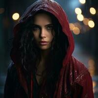 un mujer en un rojo encapuchado chaqueta en pie en el lluvia generativo ai foto