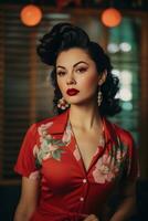 a woman in a red floral dress posing for the camera generative ai photo