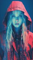 a woman in a red hoodie and blue background generative ai photo
