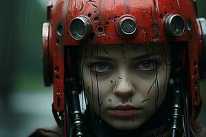 a woman in a red helmet with blood on her face generative ai photo