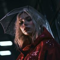 a woman in a red jacket and an umbrella generative ai photo