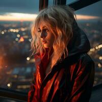 a woman in a red jacket looking out over a city at night generative ai photo