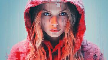 a woman in a red hoodie with blue eyes generative ai photo