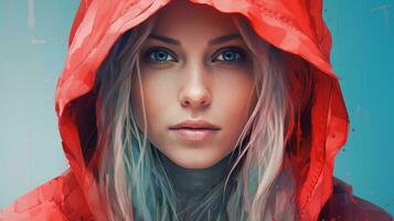 a woman in a red hoodie with blue eyes generative ai photo