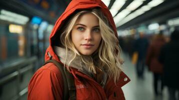 un mujer en un rojo chaqueta en pie en un subterraneo estación generativo ai foto