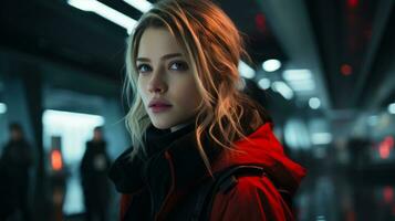 a woman in a red jacket standing in an airport generative ai photo