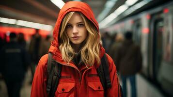 un mujer en un rojo chaqueta en pie en frente de un subterraneo tren generativo ai foto