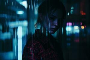a woman in a red plaid shirt stands in front of a glass wall at night generative ai photo